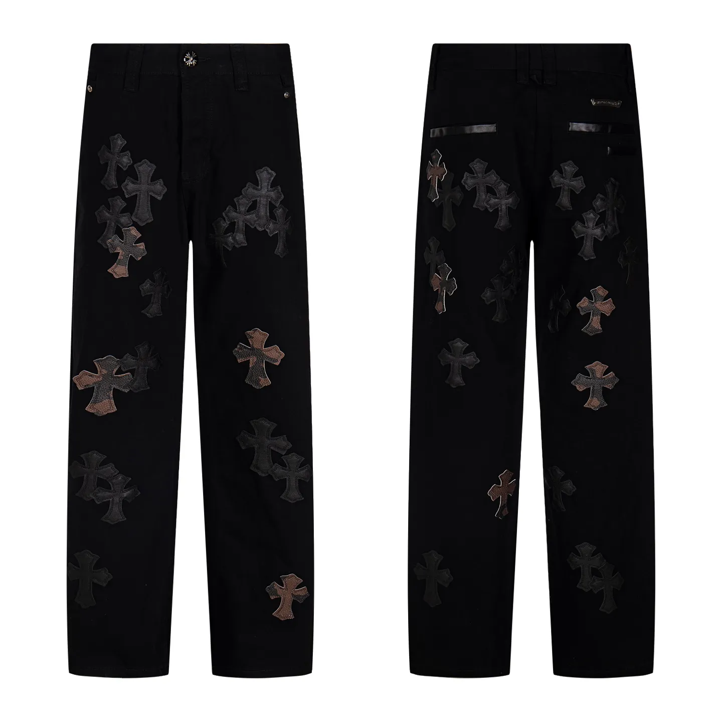 P260 Chrome Hearts丨Chrome Hearts Black and Brown Camouflage Cross Patched Leather Jeans - Full of exploring the ultimate in fashion, Chrome Hearts' new Chrome Hearts pants cleverly integrate camouflage crosses, camouflage crosses and other elements to break traditional boundaries. Mattyboy's clever fusion of overalls and khaki jeans, the same style, brings endless matching inspiration to fashionistas! Whether it is daily wear or a trendy try, these pants can bring you an excellent fashion experience. Style number: 1753# Color: casual black Size: 28 30 32 34